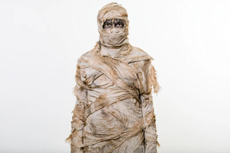 Person in full mummy costume standing upright against white background