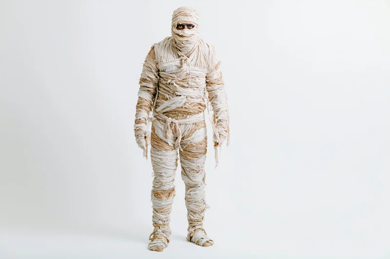 Person in full-body mummy costume standing upright against white background
