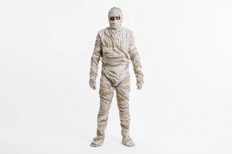 Person in full-body mummy costume standing upright against white background