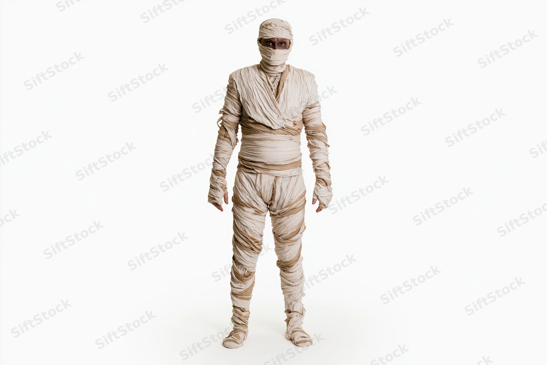 Person in full-body mummy costume standing upright against white background