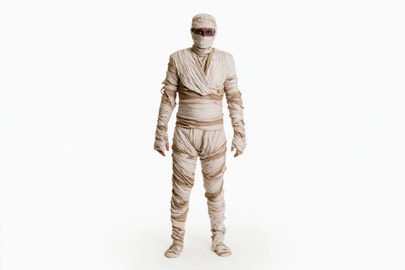 Person in full-body mummy costume standing upright against white background