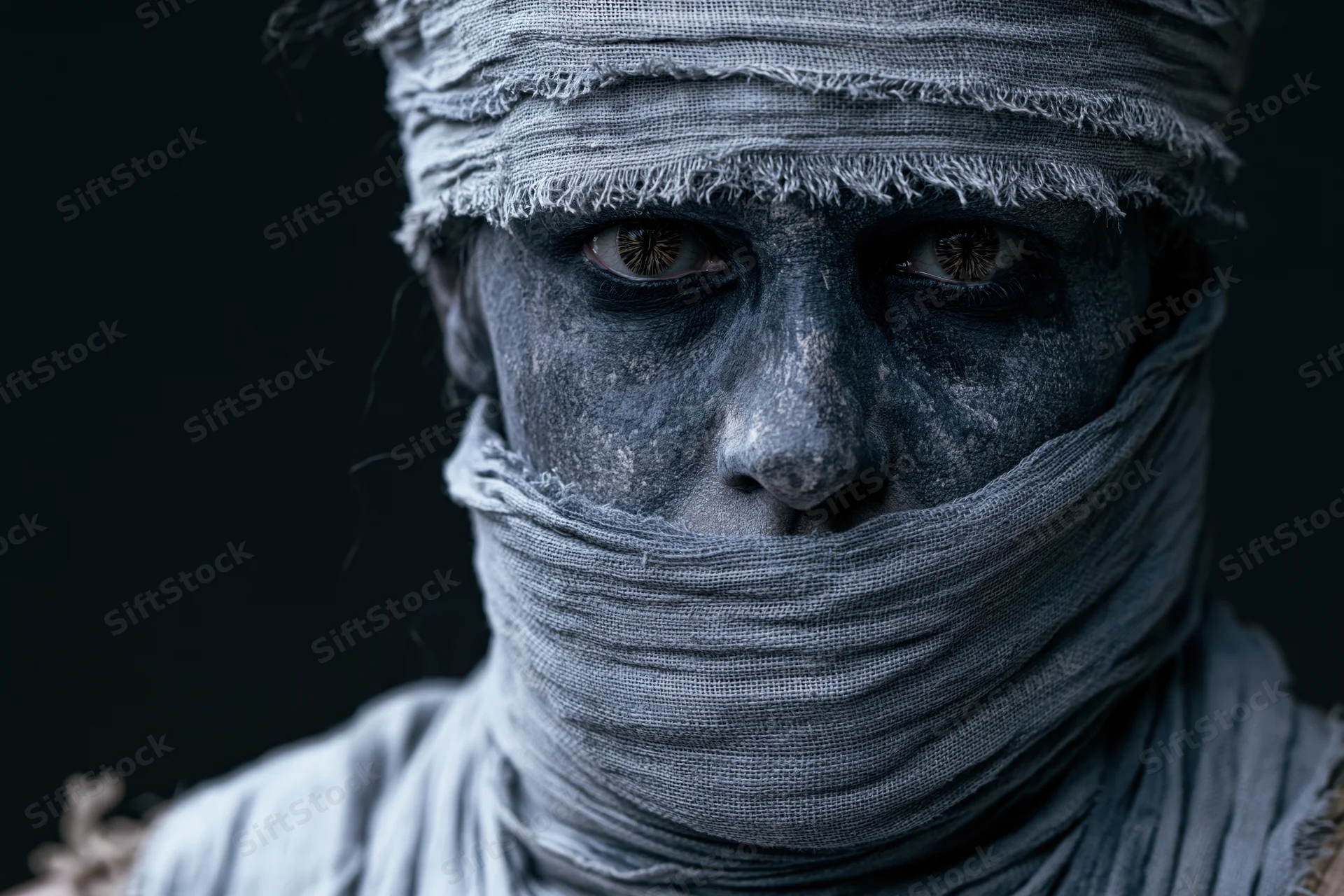 Closeup of a mummy with linen wrappings covering face and neck, eyes visible, dark studio background