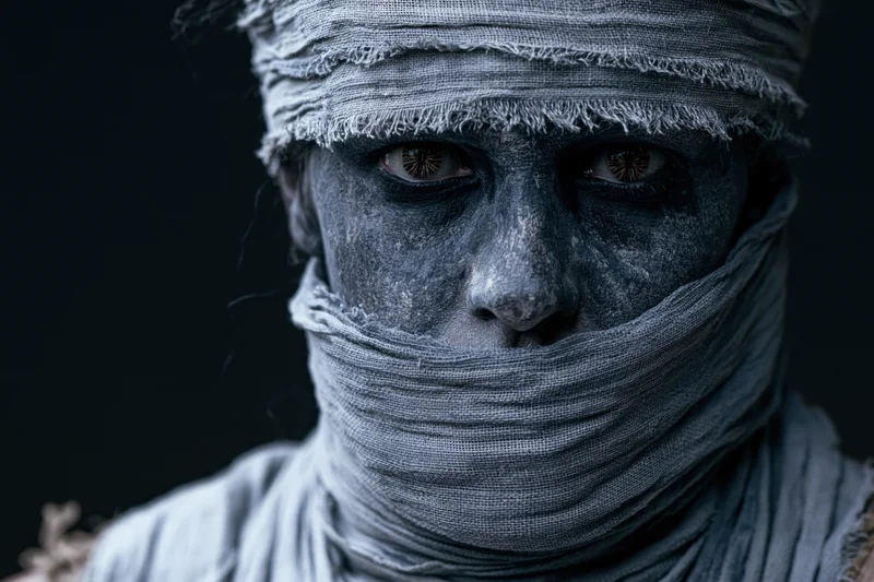 Closeup of a mummy with linen wrappings covering face and neck, eyes visible, dark studio background
