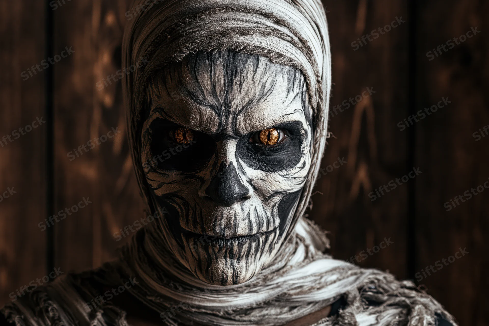 Person in detailed mummy costume with skull makeup and bandages, staring intensely against dark wood background