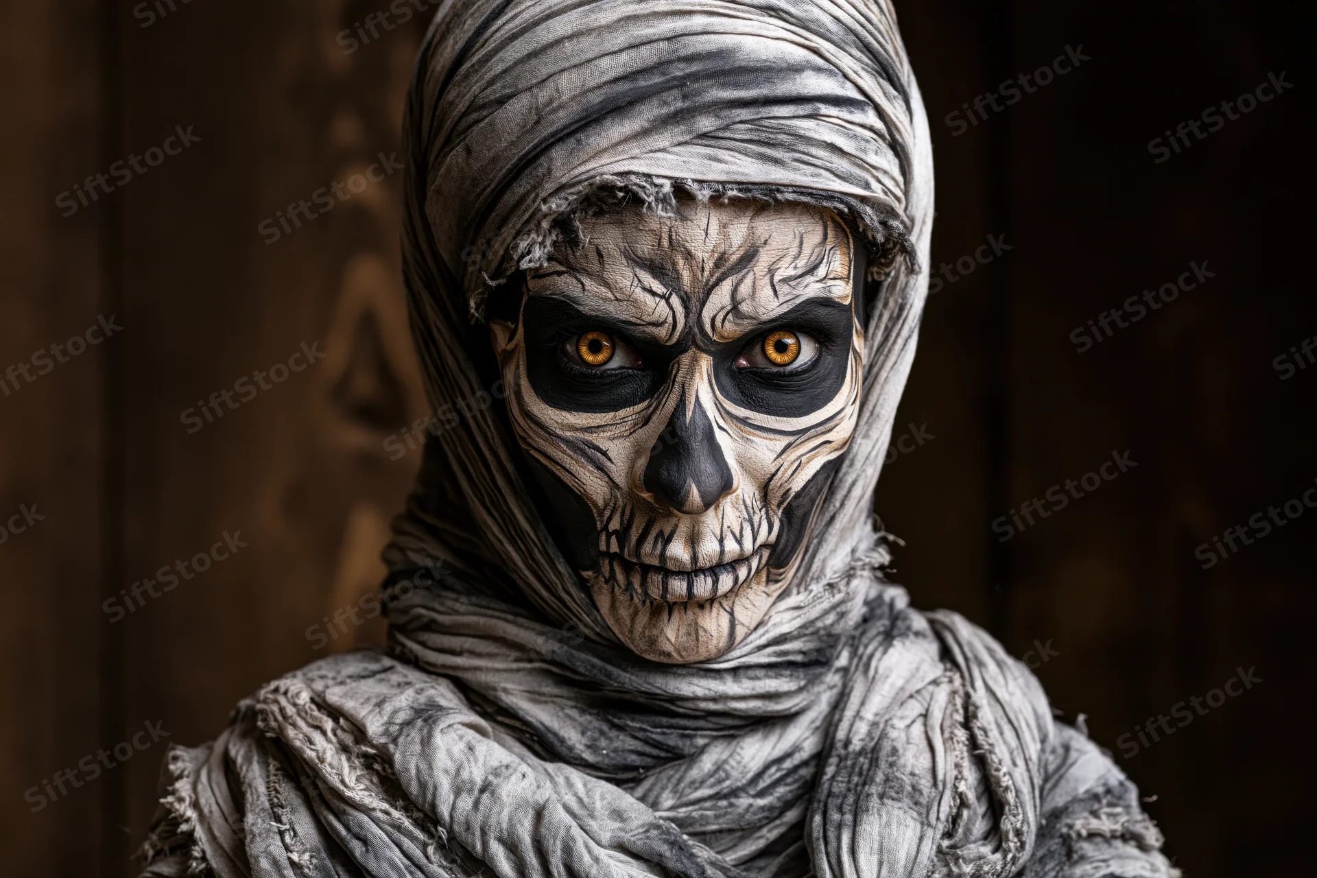 Person in detailed mummy costume with skull makeup staring intensely in dark setting