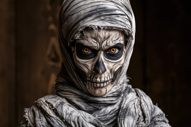 Person in detailed mummy costume with skull makeup staring intensely in dark setting