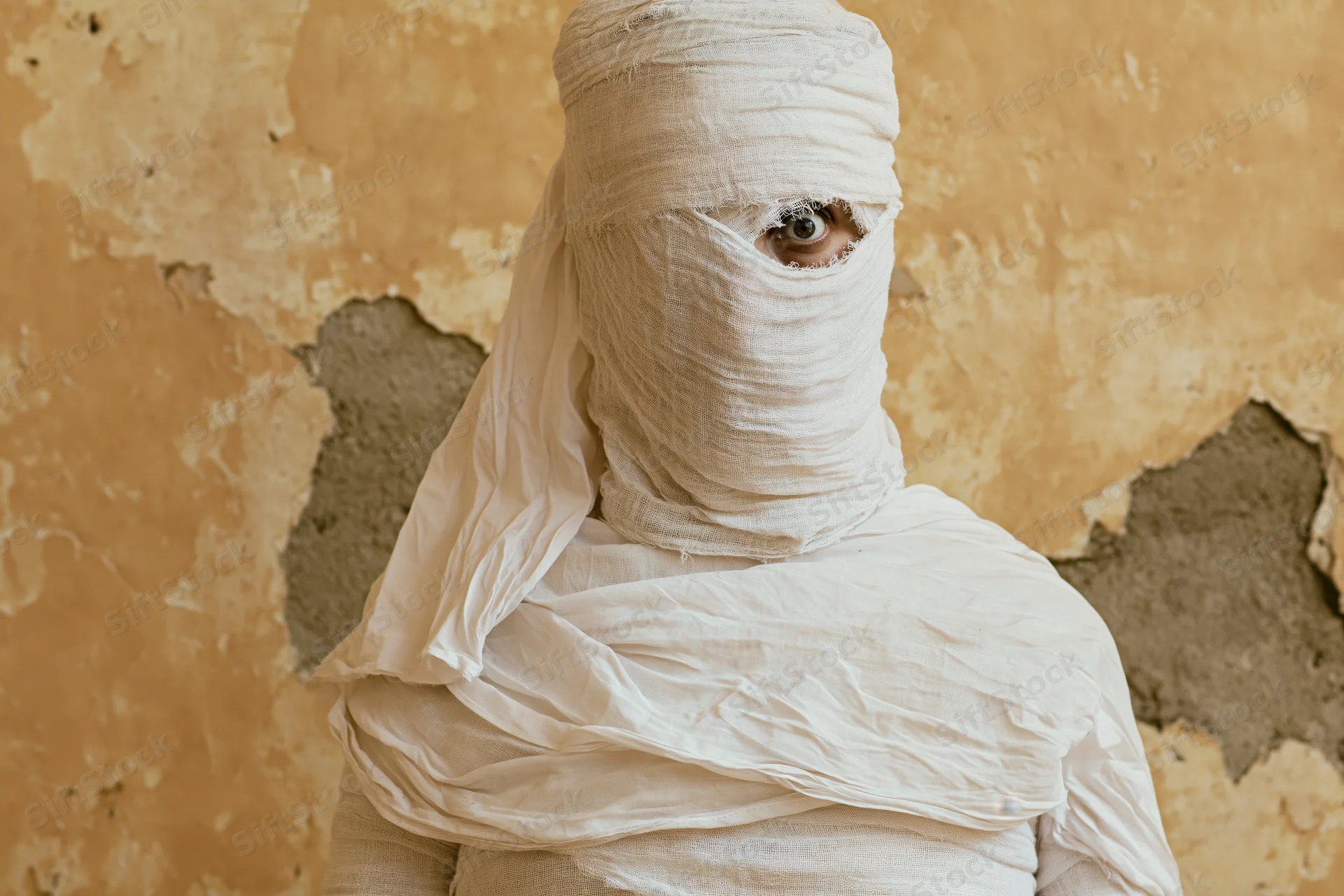 Person wrapped in white gauze with one eye visible against a peeling beige wall