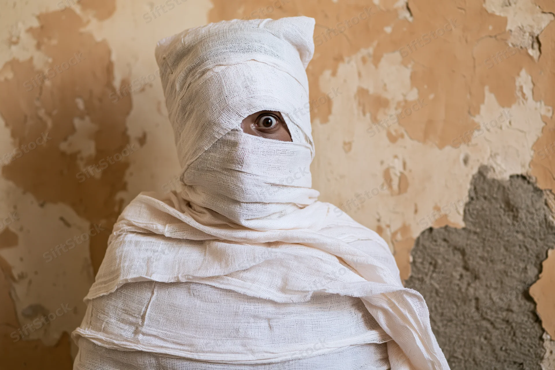 Person wrapped in white gauze with one eye visible against peeling wall