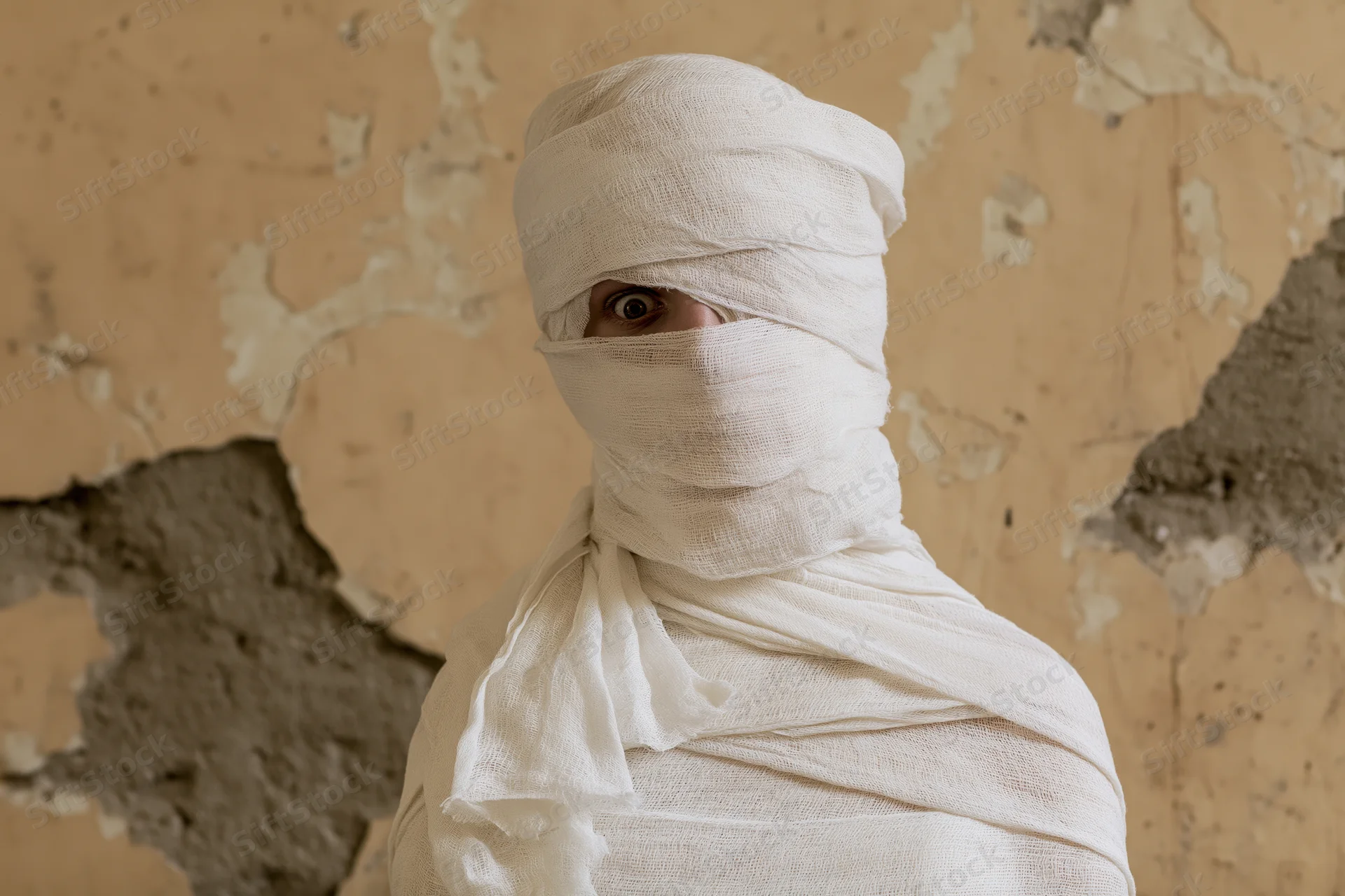 Person wrapped in white gauze bandages from head to torso against peeling wall
