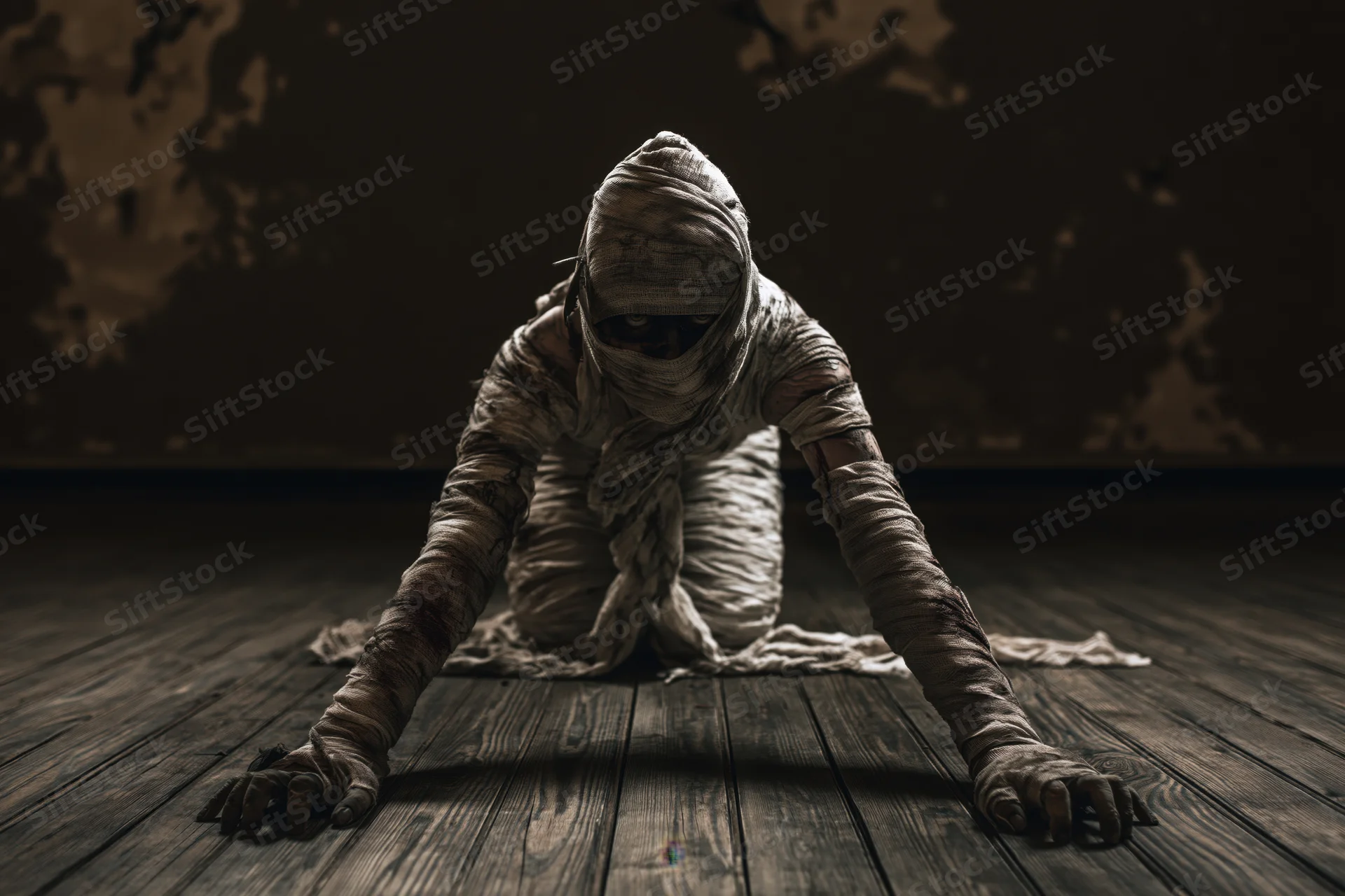 Mummy wrapped in dirty white bandages crawling on wooden floor in dark shadowy room