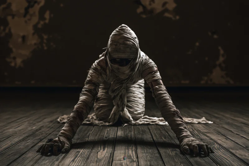 Mummy wrapped in dirty white bandages crawling on wooden floor in dark shadowy room