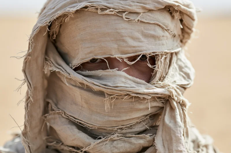 Man with face and head wrapped in frayed beige fabric in desert environment