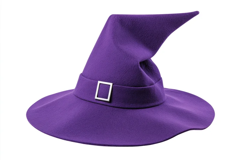 Purple felt witch hat with tall pointed crown and wide brim on white background