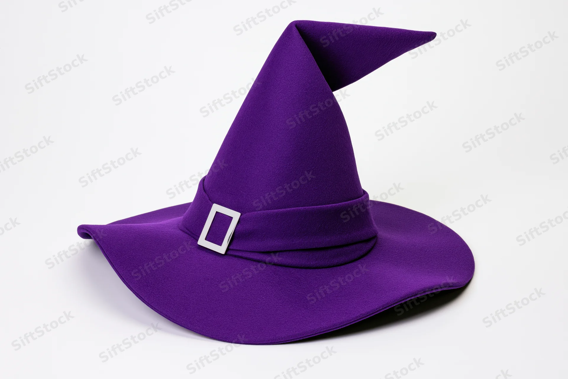 Purple felt witch hat with tall pointed crown and wide brim on white background