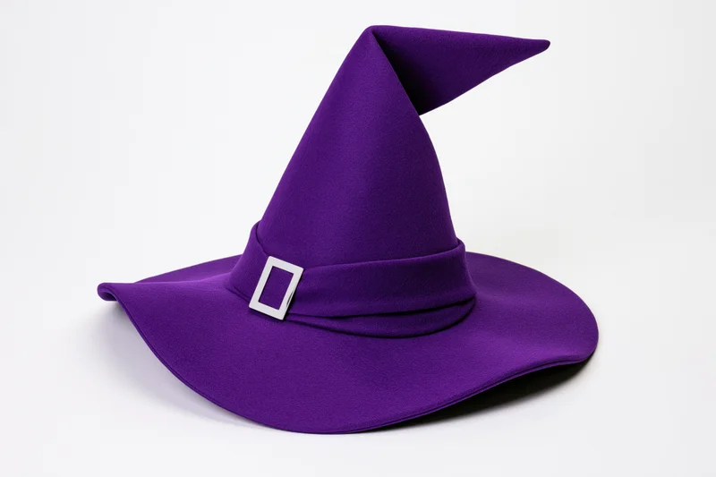 Purple felt witch hat with tall pointed crown and wide brim on white background