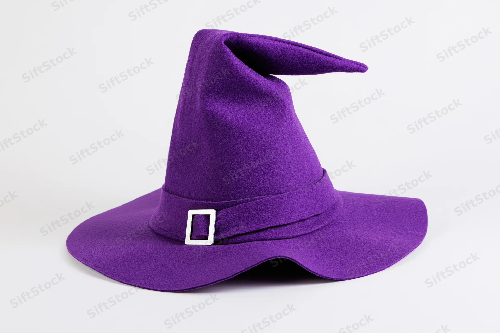 Purple felt witch hat with tall pointed crown and wide brim on white background