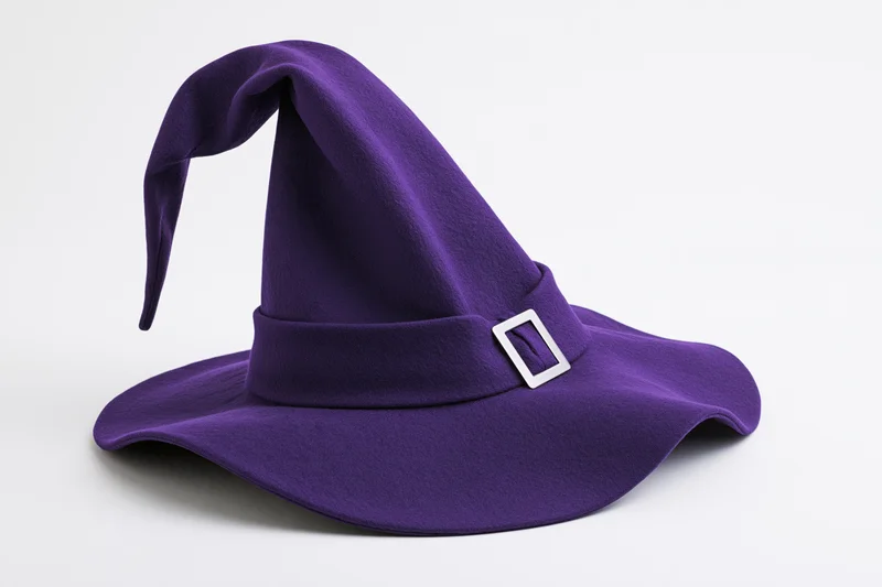 Purple felt witch hat with tall pointed crown and wide floppy brim on white background