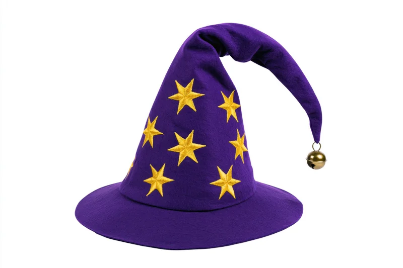 Purple wizard hat with gold stars and bell on curved brim isolated on white