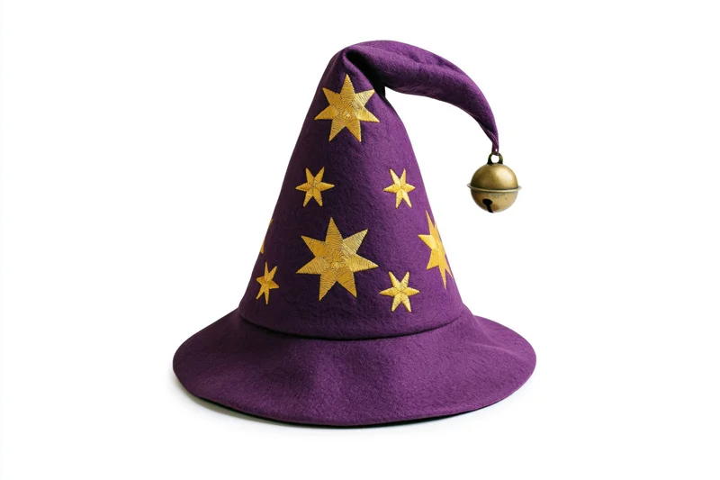 Purple felt wizard hat with gold stars and bell on white background
