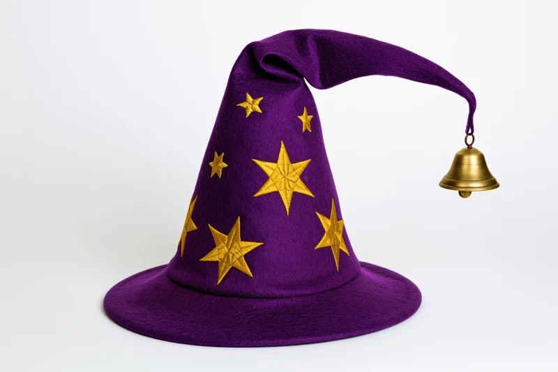 Purple felt wizard hat with gold stars and bell on curved brim isolated on white background