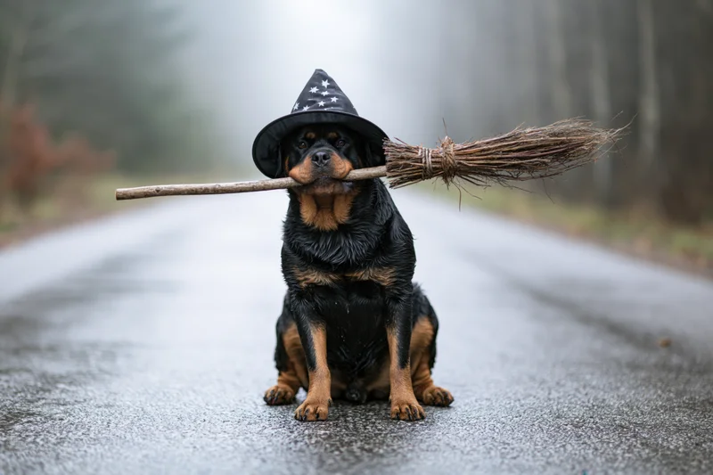 Rottweiler dog sitting on wet road holding broomstick and wearing witch hat