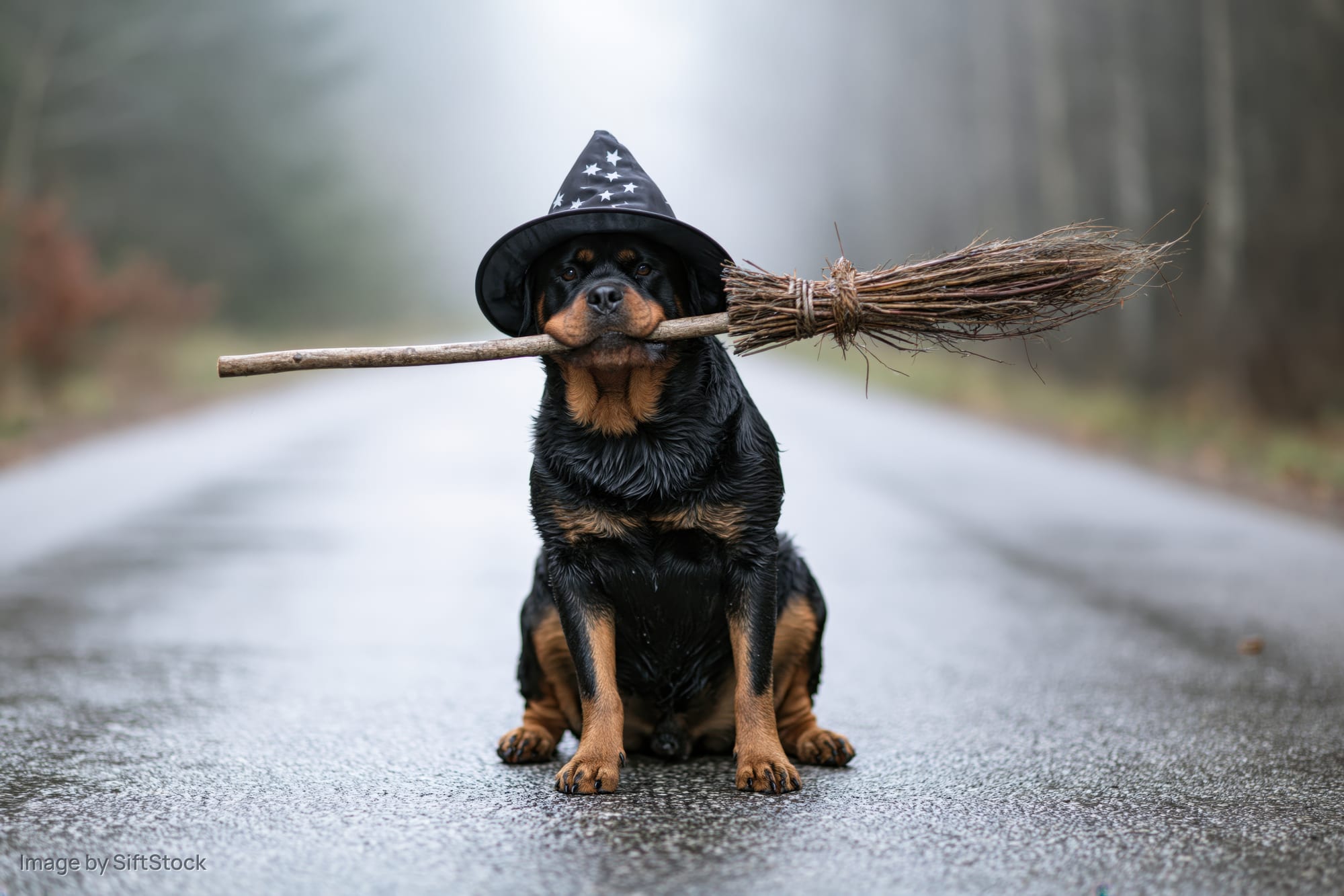Rottweiler dog sitting on wet road holding broomstick and wearing witch hat