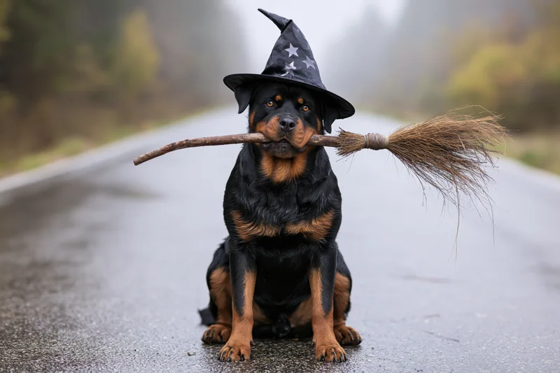 Rottweiler dog in witch costume sitting on wet road holding broomstick