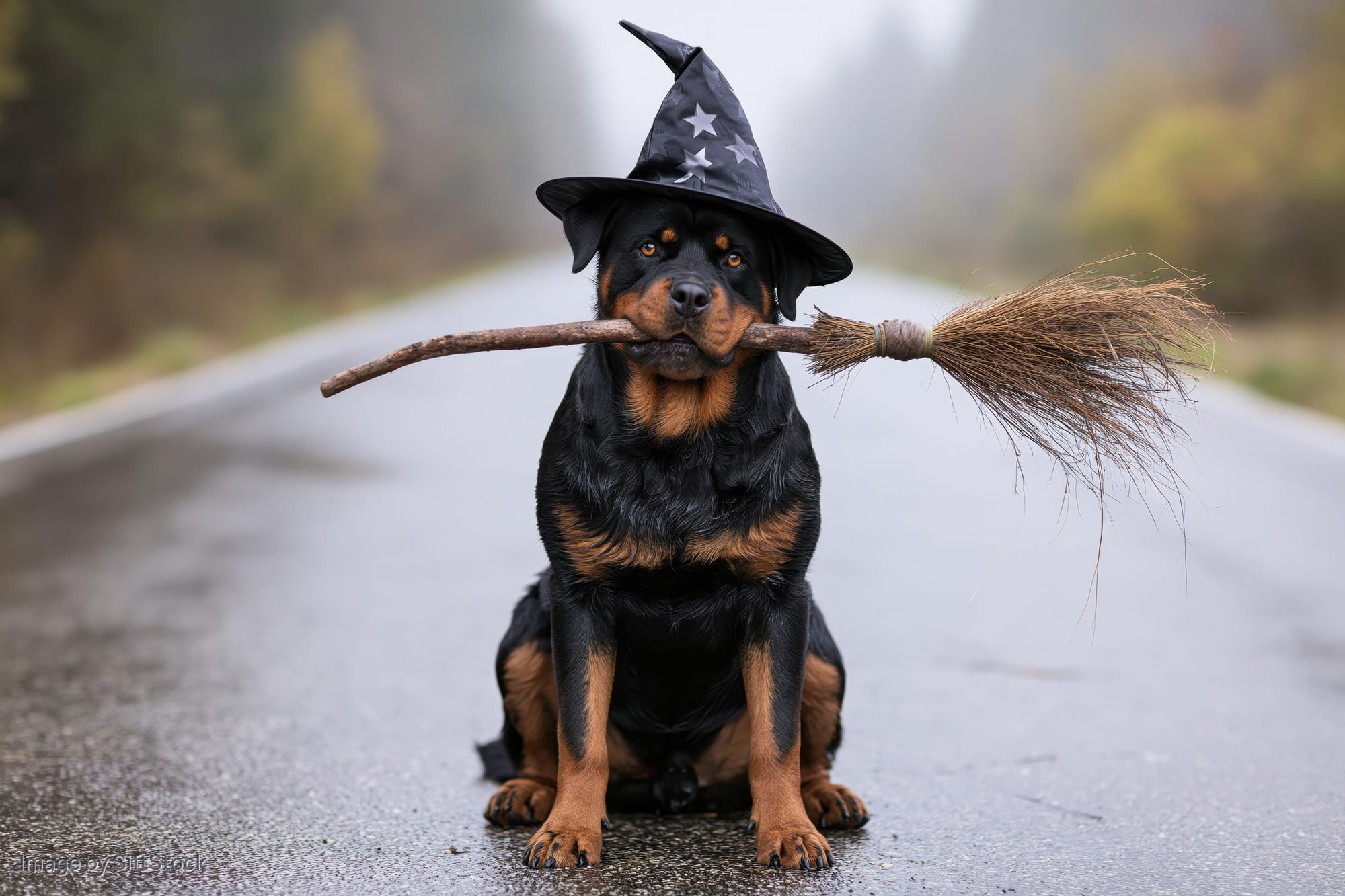 Rottweiler dog in witch costume sitting on wet road holding broomstick