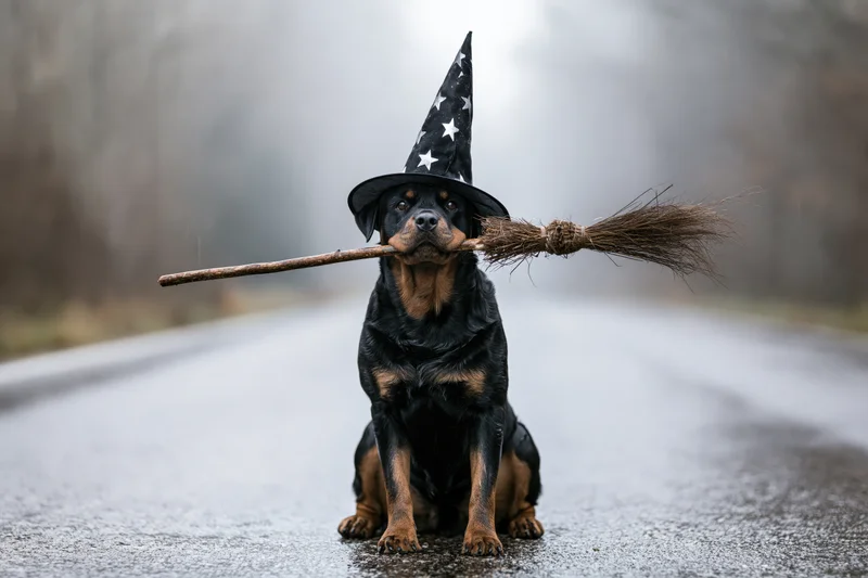 Rottweiler dog sitting on wet road wearing witch hat and holding broomstick