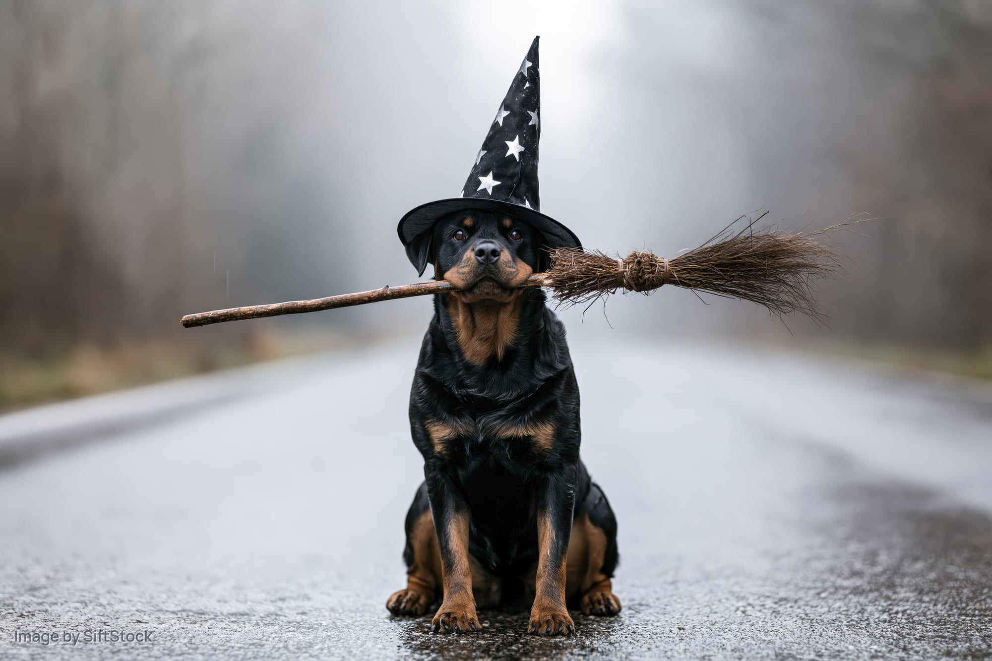 Rottweiler dog sitting on wet road wearing witch hat and holding broomstick