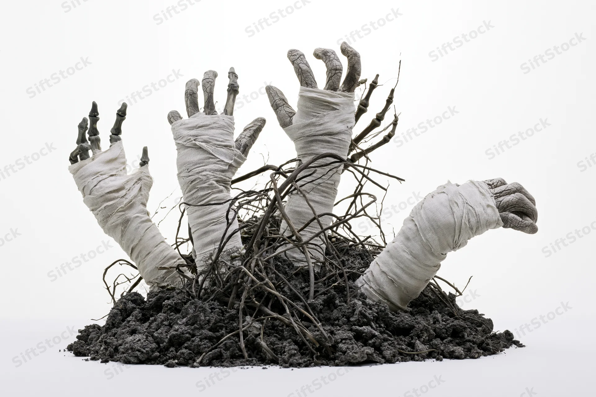 Bandage-wrapped and skeletal mummy hands emerging from soil with roots on white background