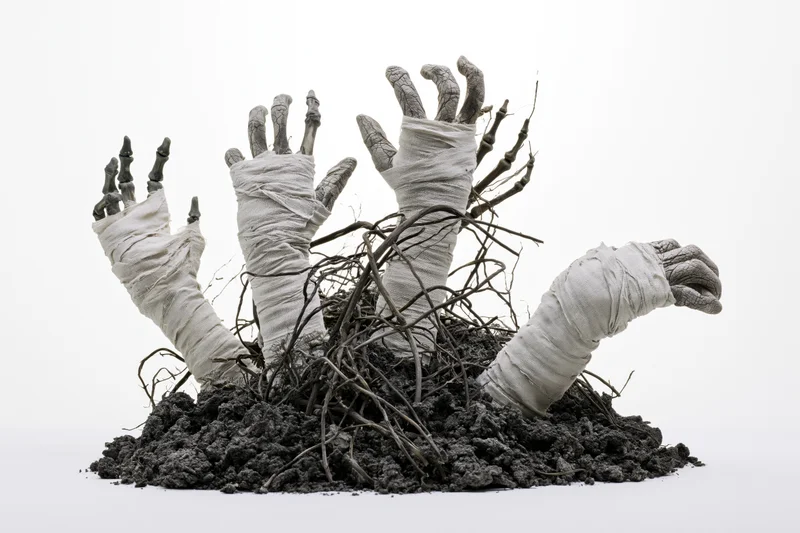 Bandage-wrapped and skeletal mummy hands emerging from soil with roots on white background