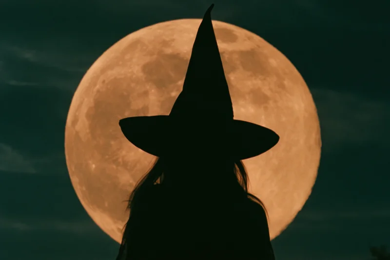 Silhouette of a woman in a pointed witch hat facing away against a full orange moon at night