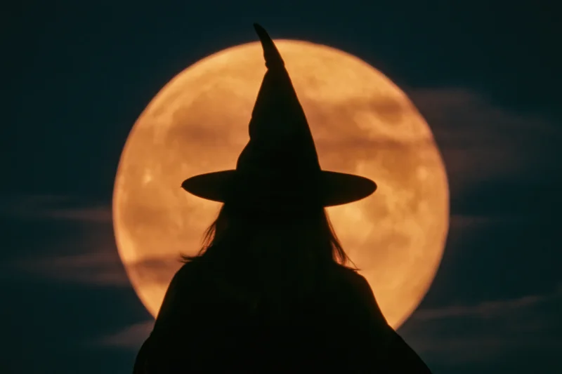 Silhouette of a woman in a pointed witch hat facing away against a full moon at night