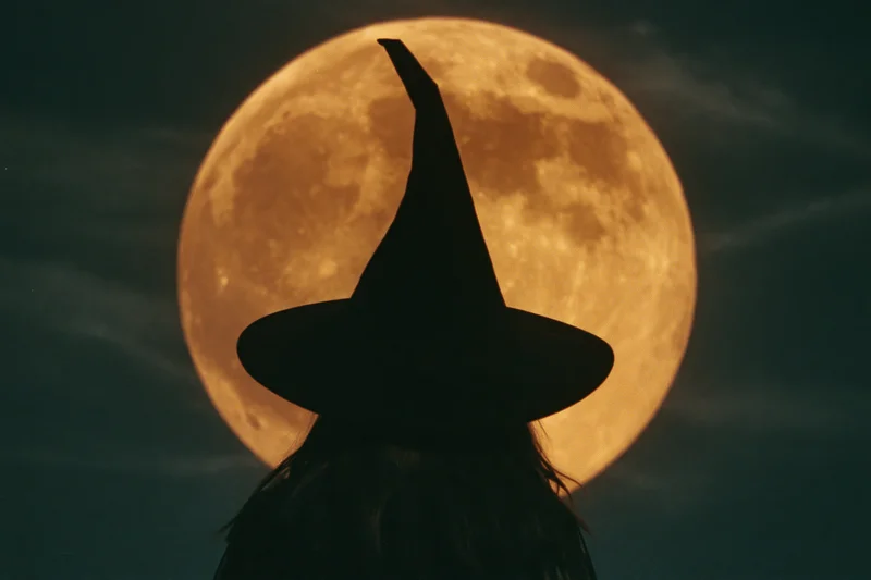 Silhouette of a woman in a pointed witch hat facing away against a full moon at night