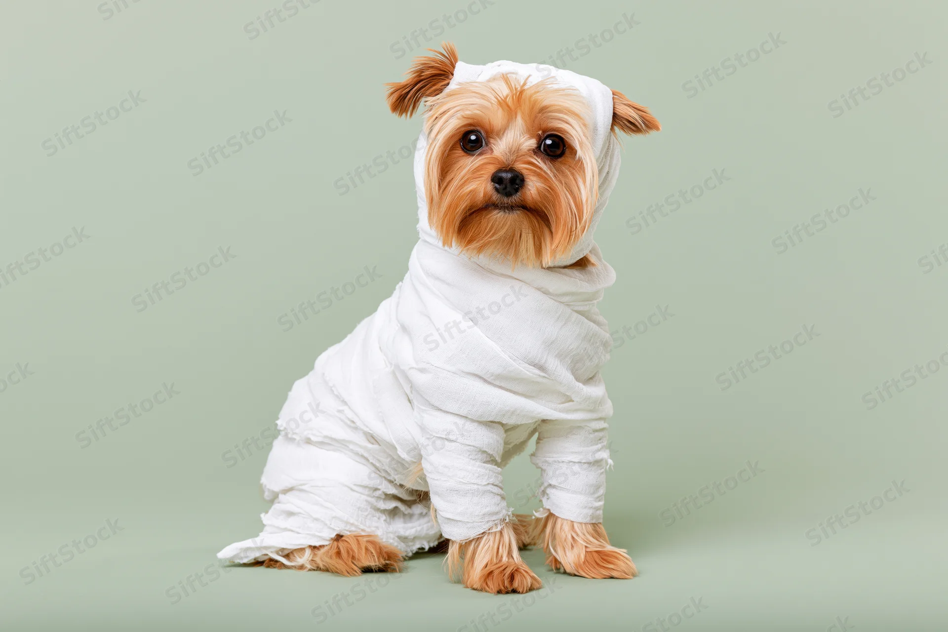 Small yorkshire terrier wrapped in white cloth sitting upright against green background