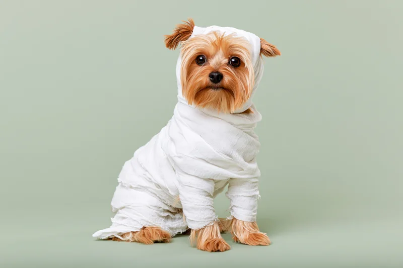 Small yorkshire terrier wrapped in white cloth sitting upright against green background