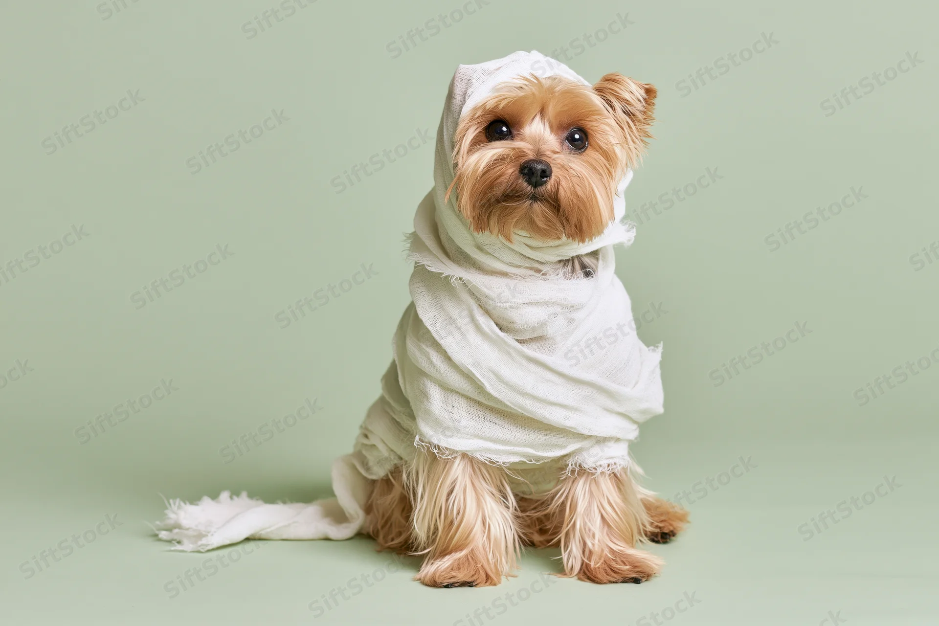 Small yorkshire terrier wrapped in white cloth sitting upright against green background