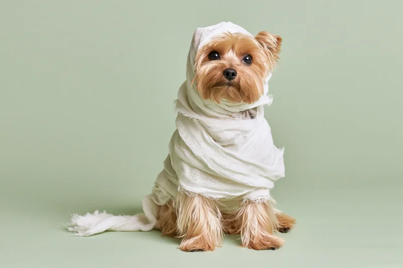 Small yorkshire terrier wrapped in white cloth sitting upright against green background