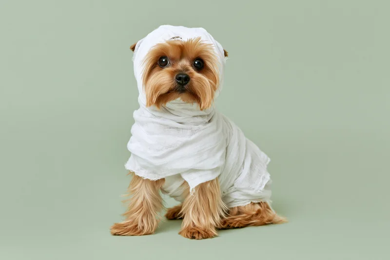 Small yorkshire terrier wrapped in white cloth sitting upright against green background