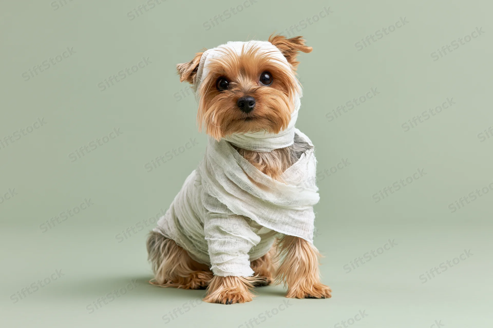 Small yorkshire terrier sitting upright with head and body wrapped in white gauze bandages on light green background