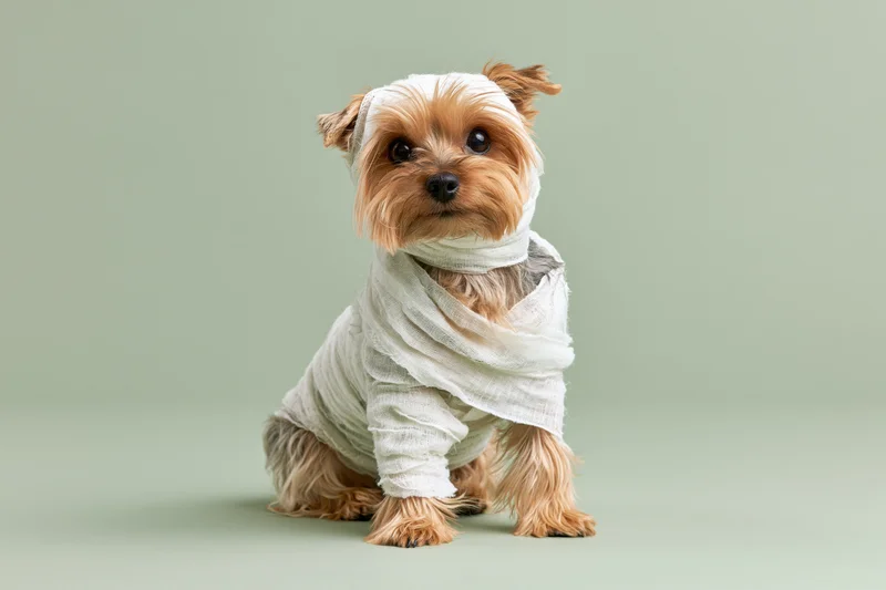 Small yorkshire terrier sitting upright with head and body wrapped in white gauze bandages on light green background