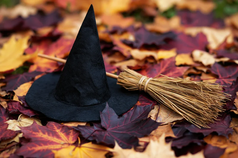 Black witch hat and small straw broom resting on autumn leaves