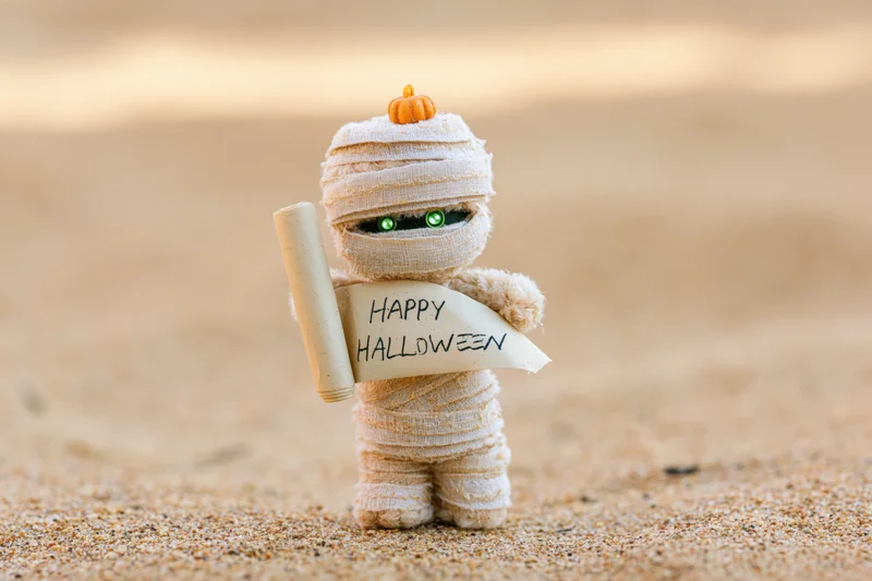 Small fuzzy mummy toy figurine standing on sandy ground holding happy halloween sign