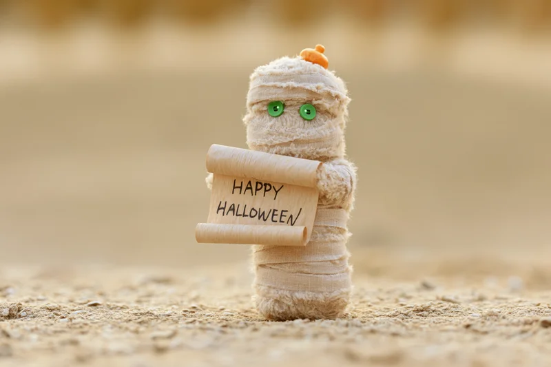 Small fuzzy mummy toy holding happy halloween scroll on sandy ground