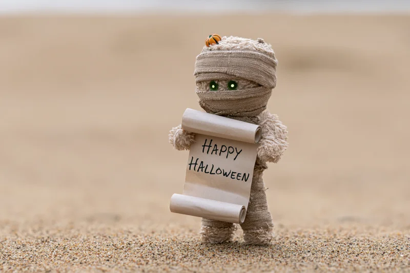 Small fuzzy mummy toy holding a happy halloween scroll on sandy ground