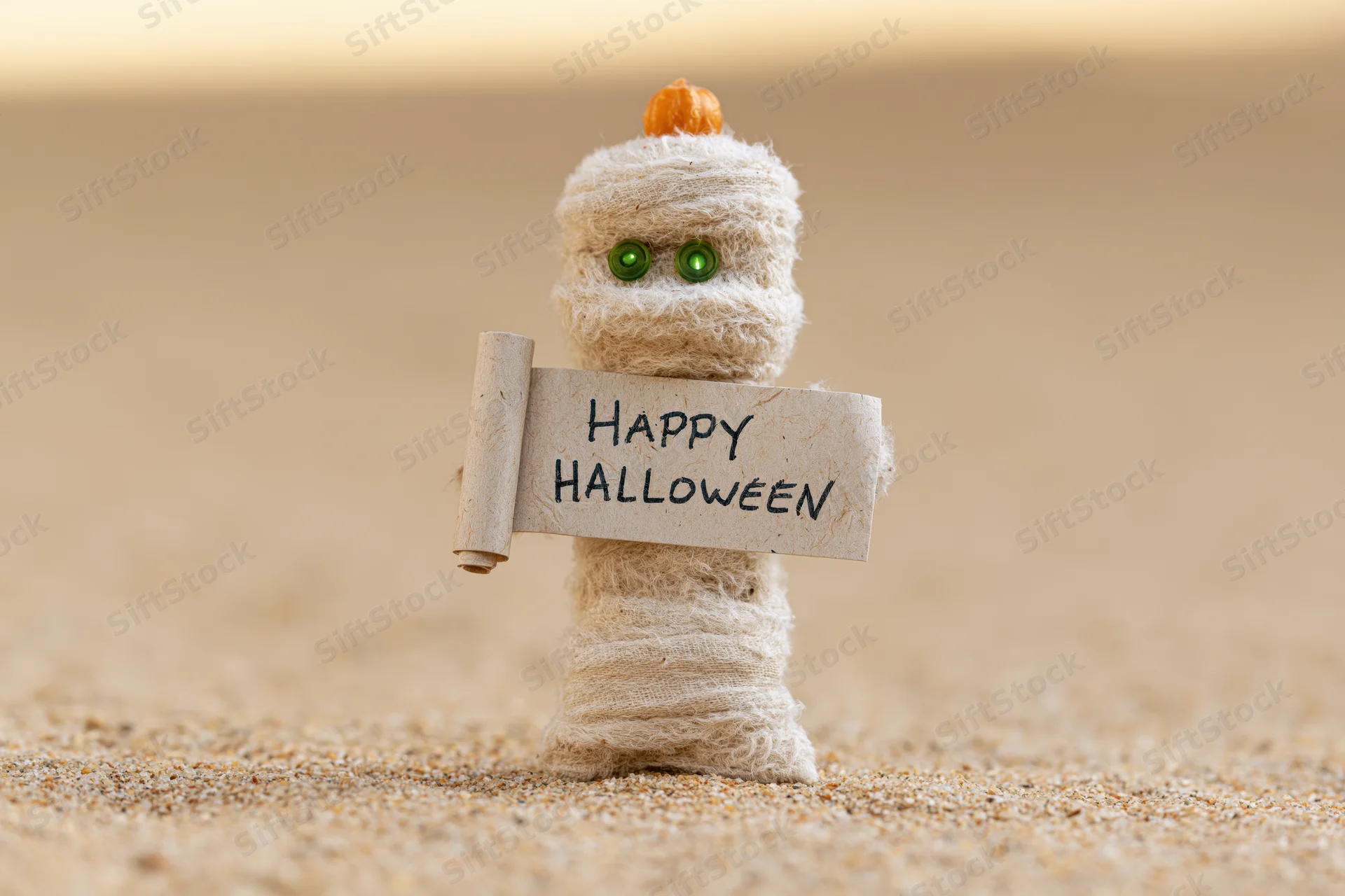 Small fuzzy mummy toy figurine holding happy halloween sign on sandy ground