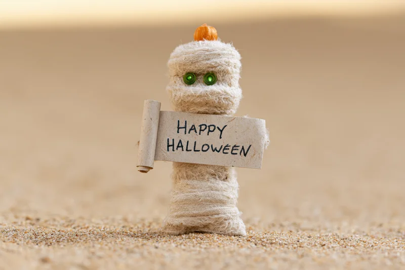 Small fuzzy mummy toy figurine holding happy halloween sign on sandy ground