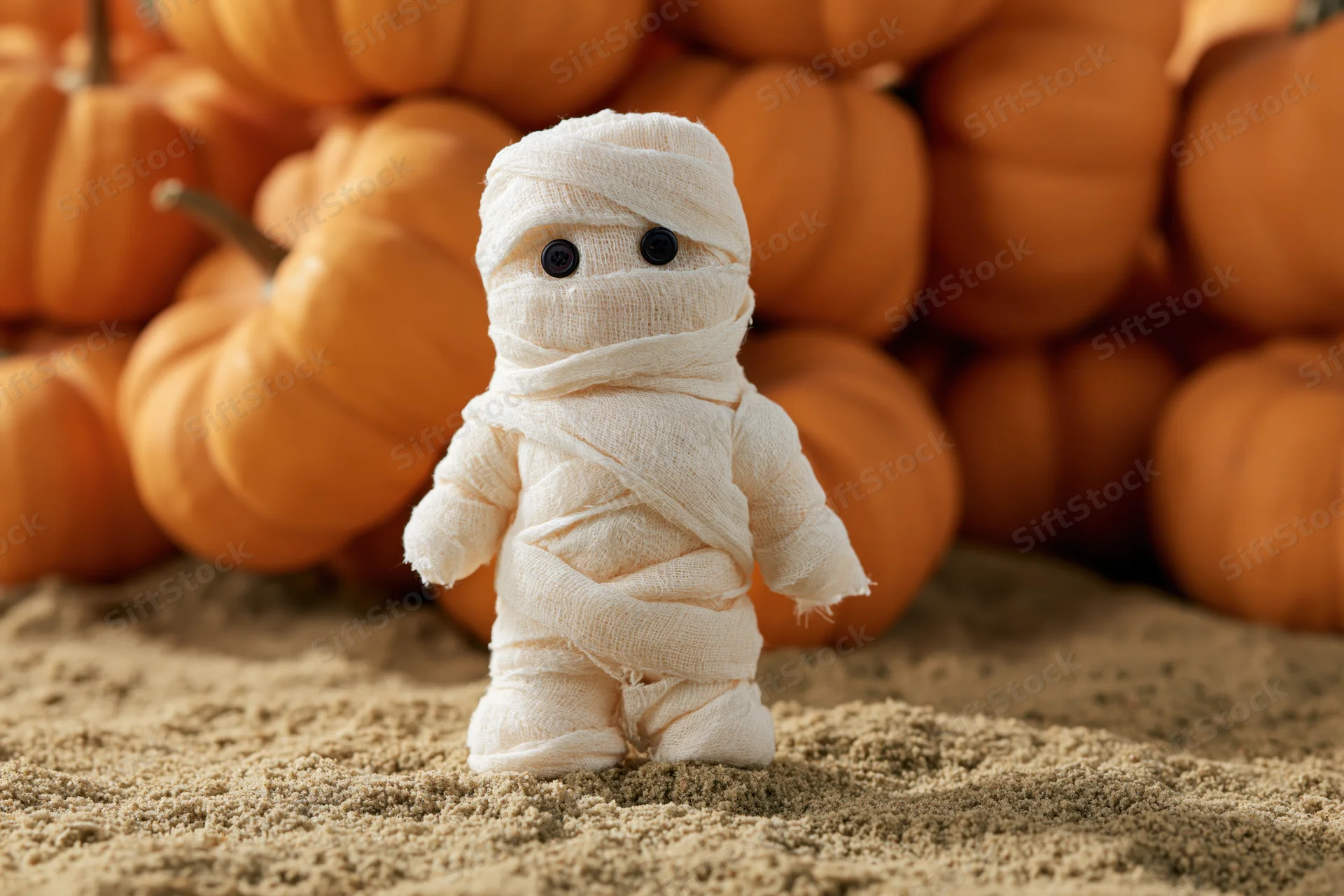 Small handmade mummy figurine wrapped in white gauze bandages standing on sand with pumpkins in background