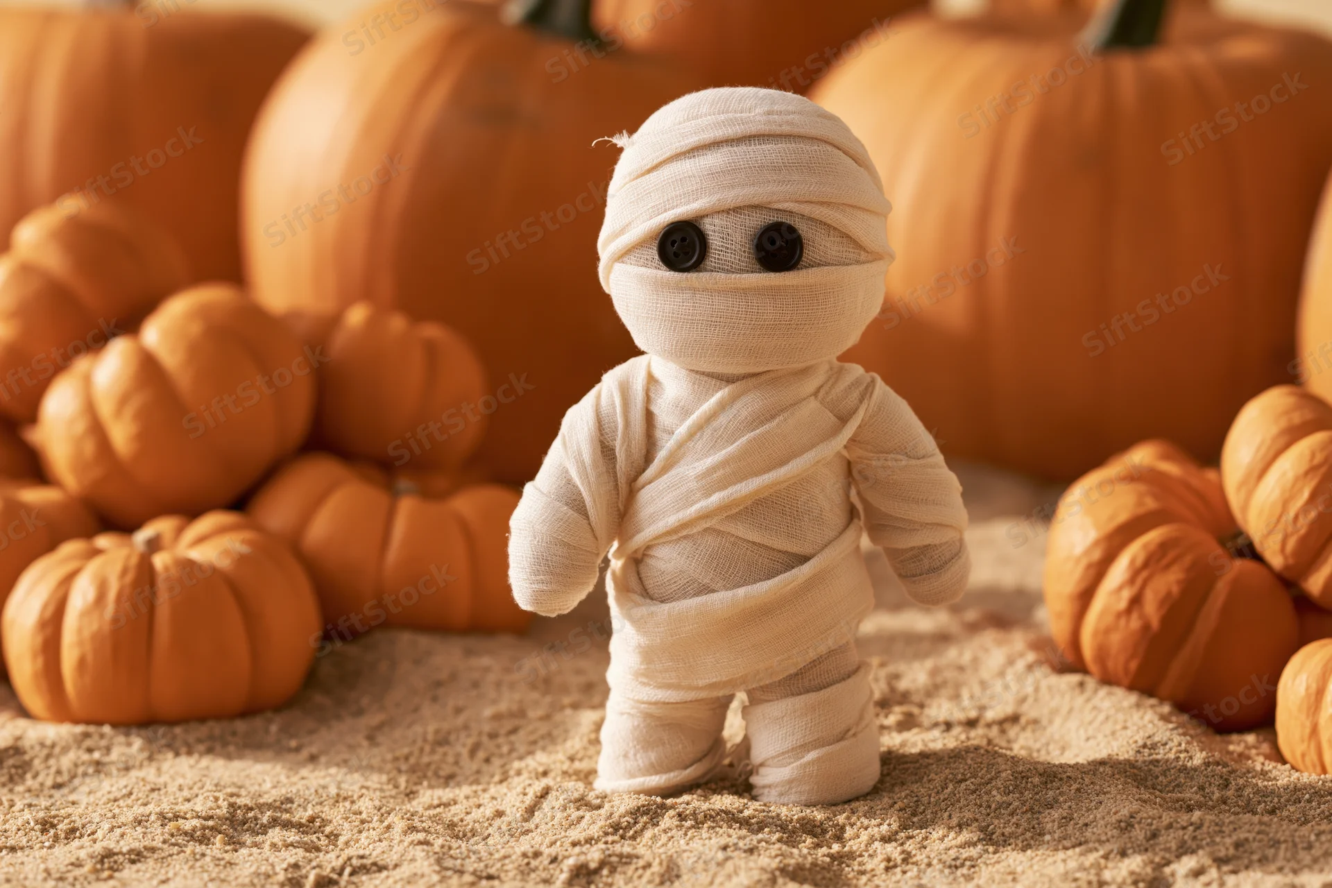 Small handmade mummy figurine wrapped in white gauze bandages standing among pumpkins on sandy ground
